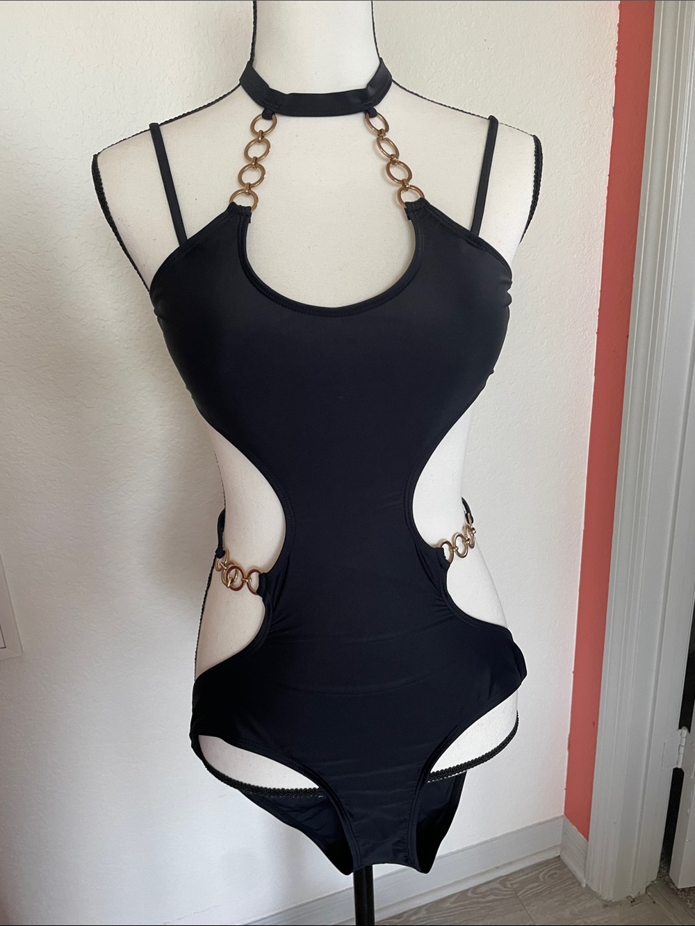 Unk Black One-Piece Cutout Swimsuit with Gold Rings